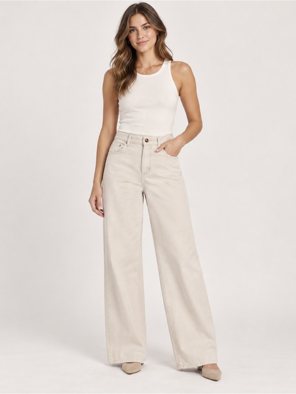 Ann Taylor High-Rise Wide Leg Jeans in Creamy Neutral